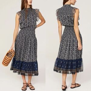 AREA STARS Vine Dress Women Small S Navy Blue Midi Smocked Short Flutter Sleeves